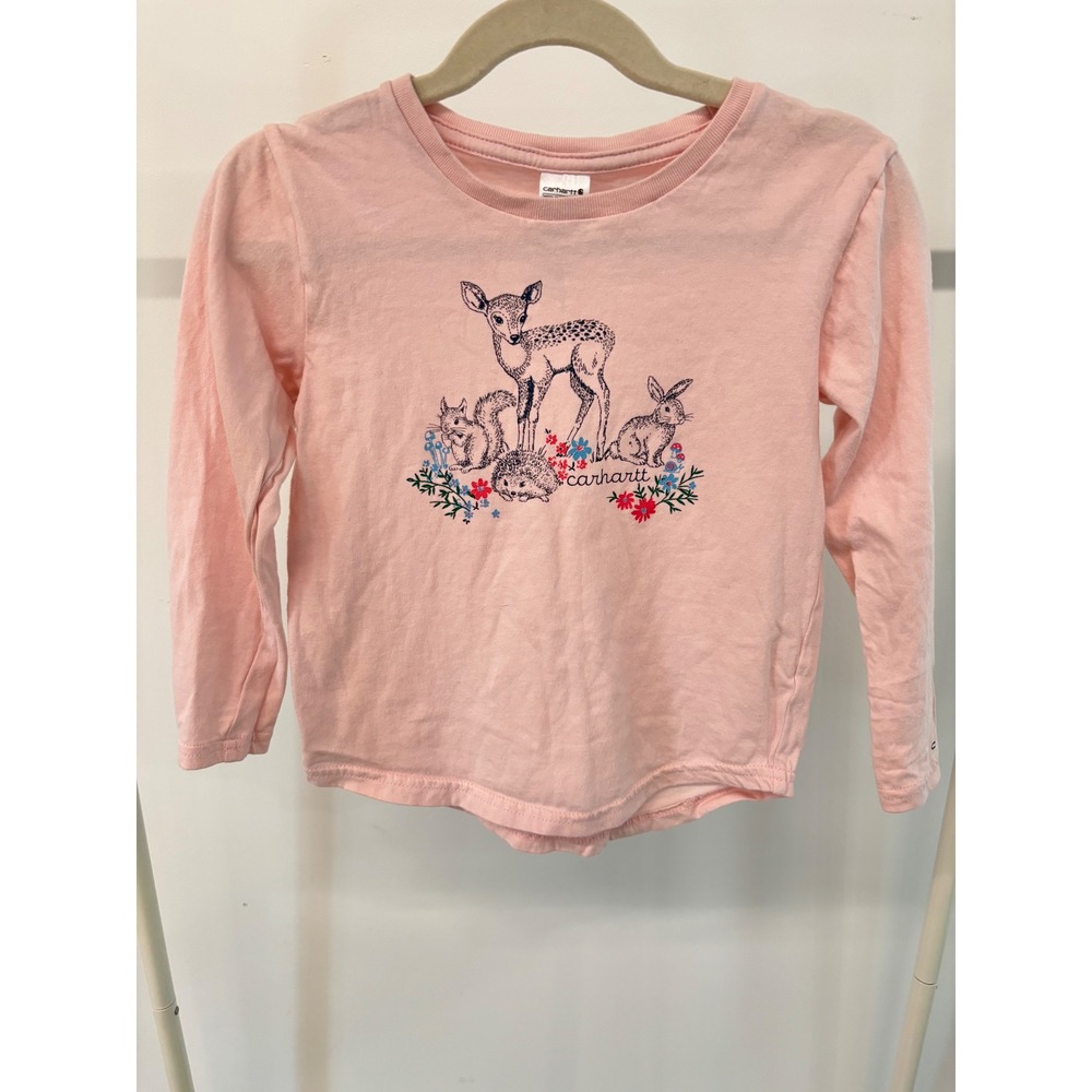Carhartt Girls Pink Woodland Animal Graphic Long Sleeve Shirt 3T